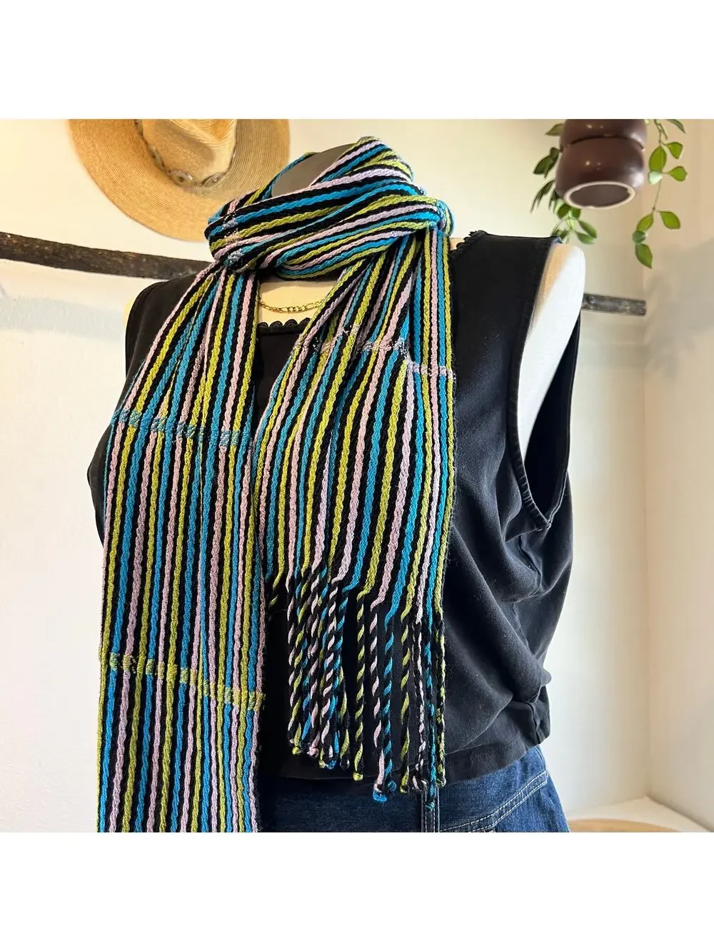 Y2K Blue, Purple, Green Striped Scarf with Fringe Trim Soft Woven Knit